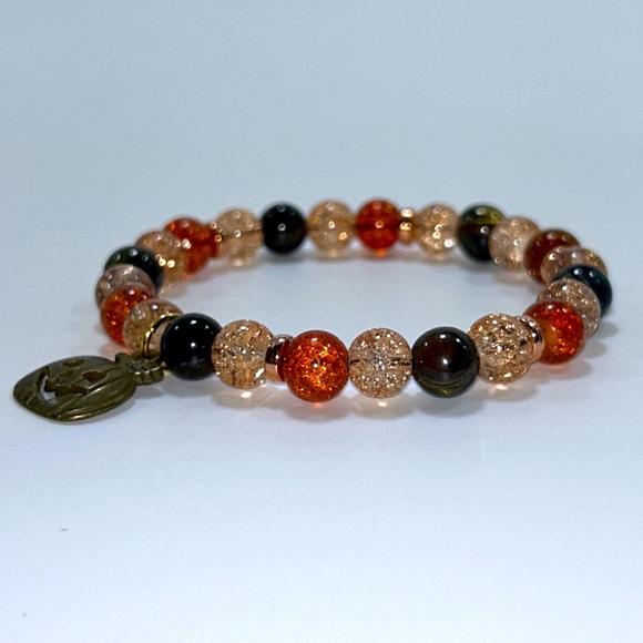 Handmade Halloween Pumpkin Charm Bracelet with Natural Tiger Eye Stones! - Picture 5 of 9
